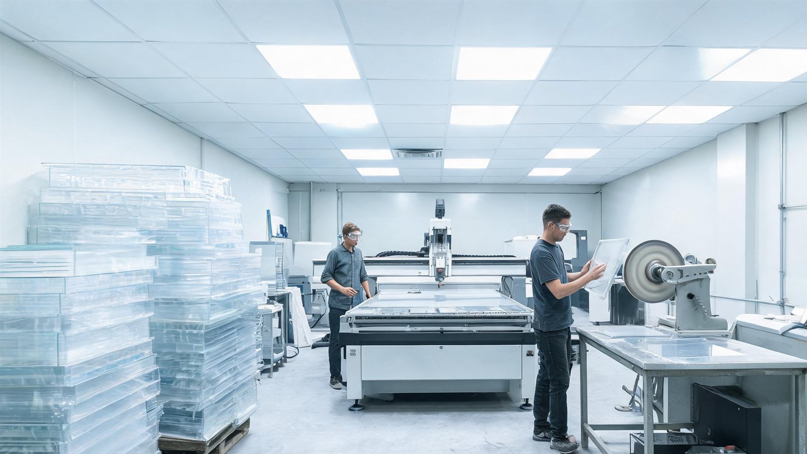 AcryVue acrylic workshop with CNC router and stacked sheets