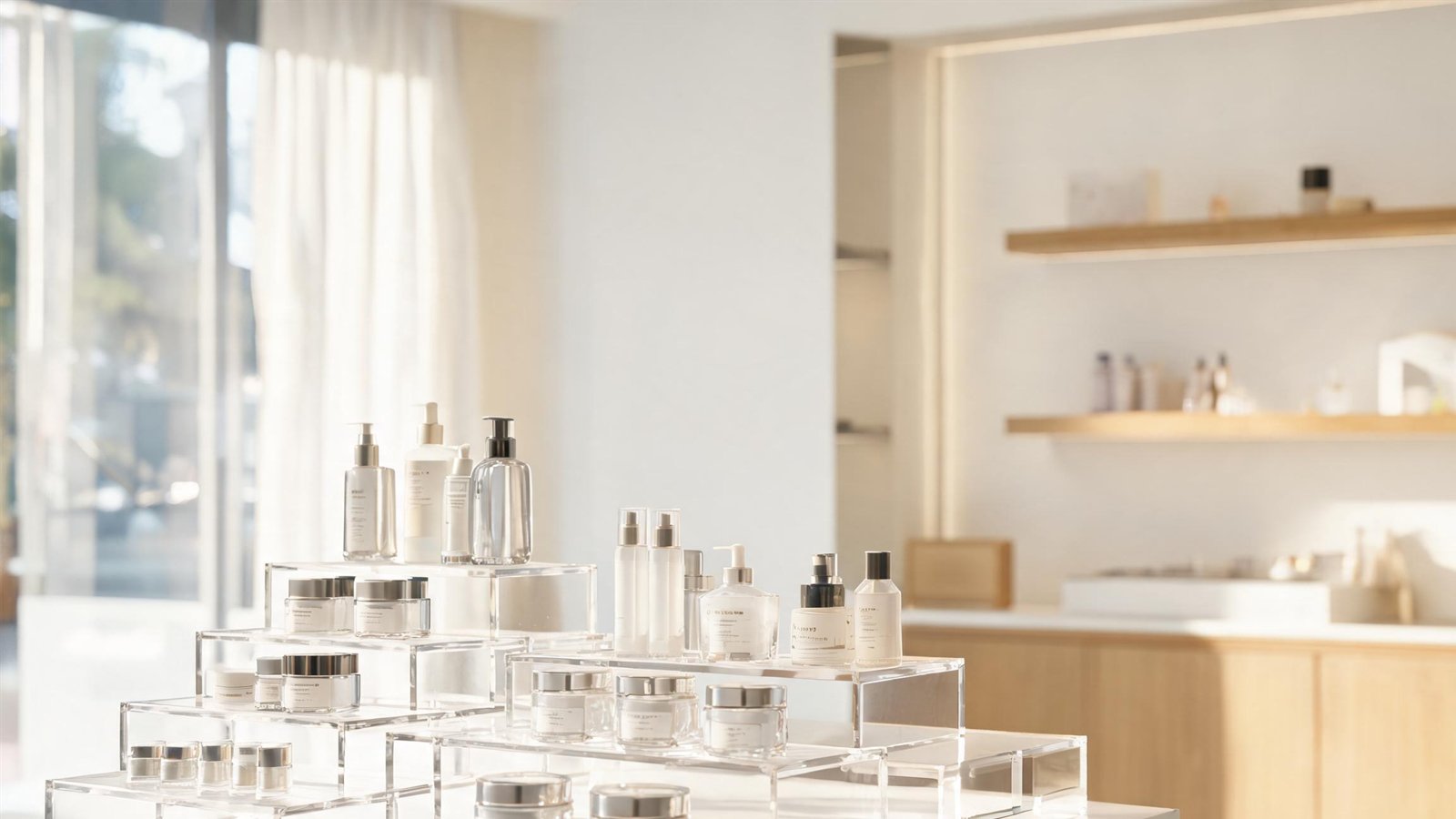 Clear acrylic display stands holding skincare products in a bright retail boutique